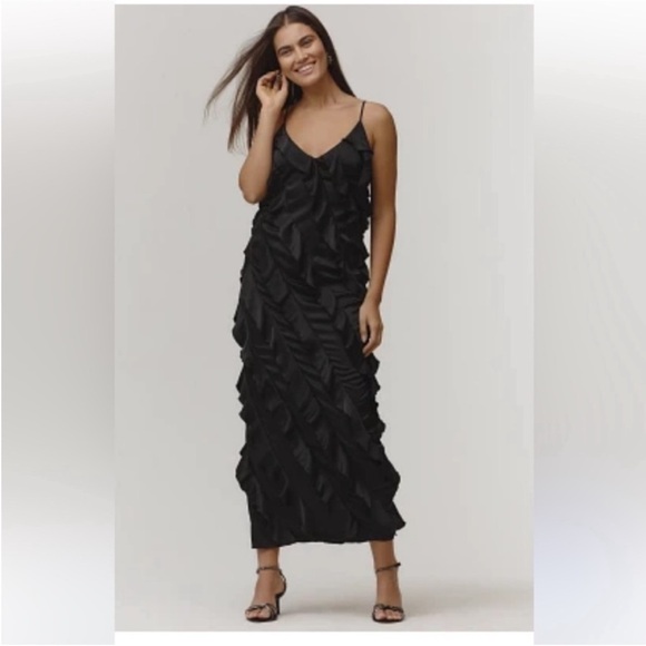BHLDN Black Jia Bias-Cut Ruffled Maxi Dress Size 10